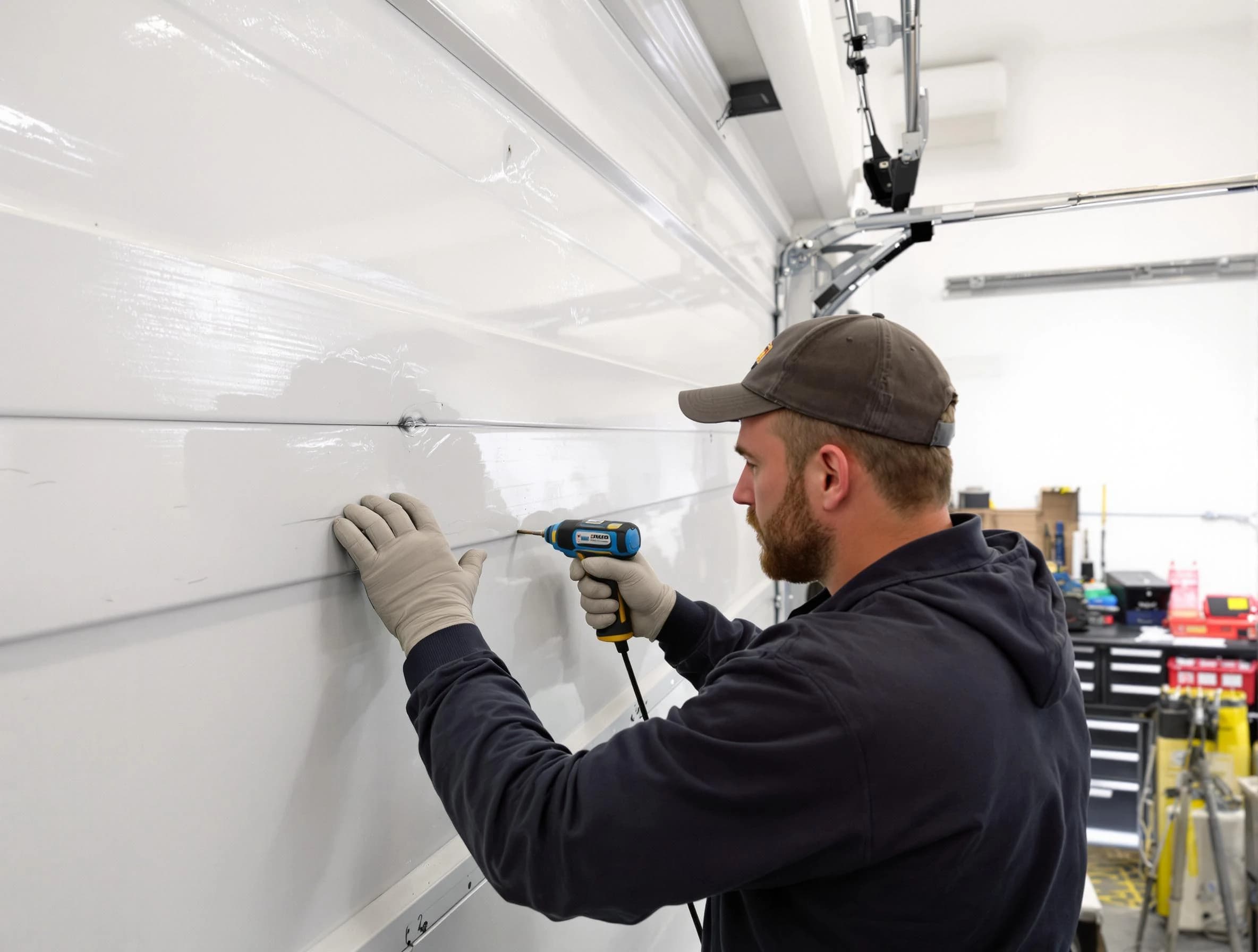 New Brunswick Garage Door Repair technician demonstrating precision dent removal techniques on a New Brunswick garage door